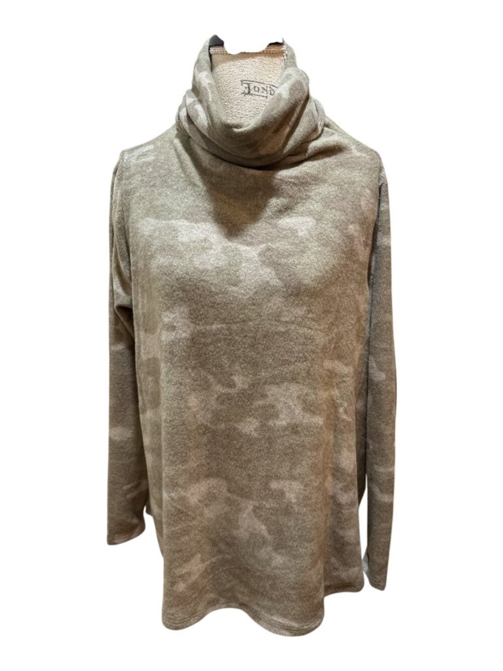 Ava James Sz 1X Green & Gray Camo Knit Cowl Neck Pullover Top w Mask Option NEW